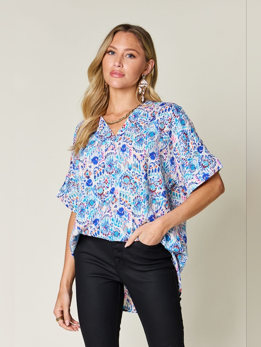 Printed V-Neck Short Sleeve Spring Top in Multi Blue- Plus Size Available - Picture 3 of 9